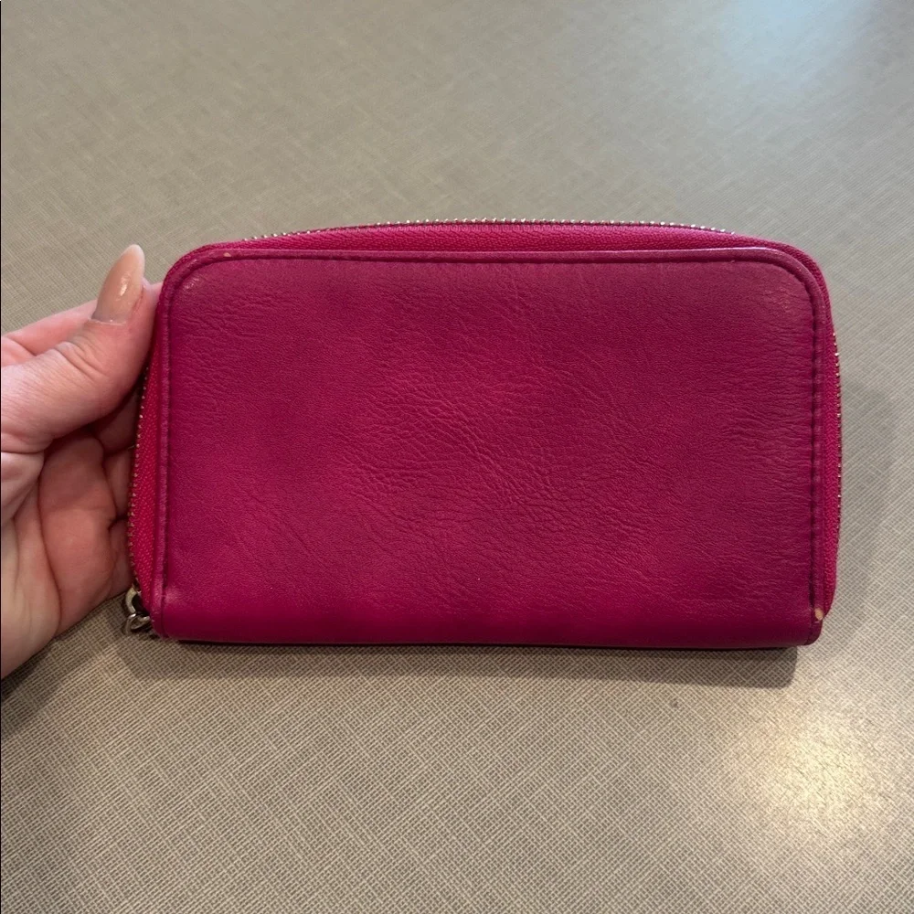 Adrienne Vittadini Magenta Leather Zip-Around Wallet with Gold Accents